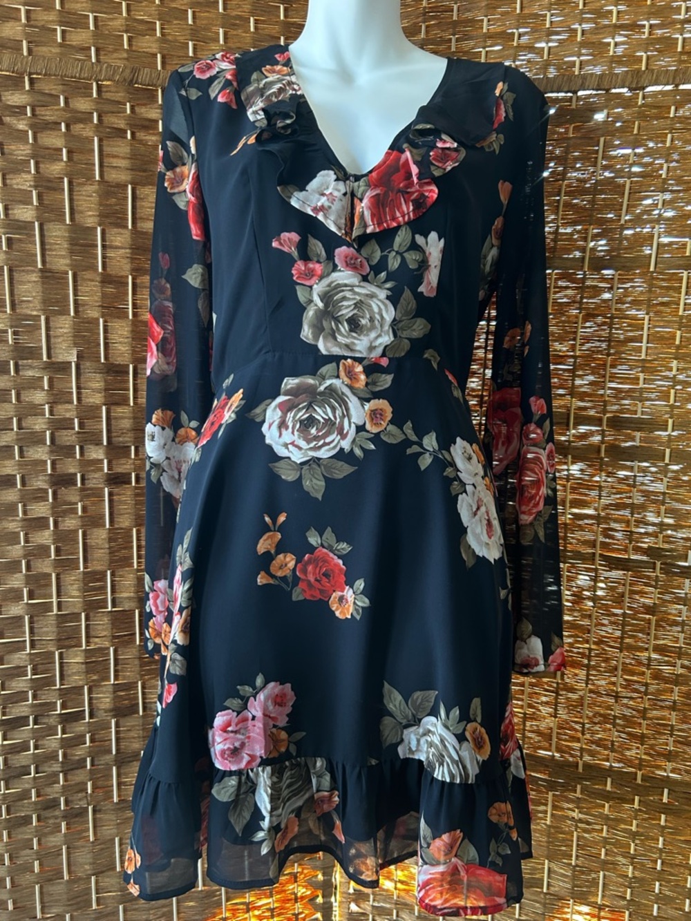 Lulus Black Floral Ruffle Dress Sheer Sleeve Romantic Boho Small
